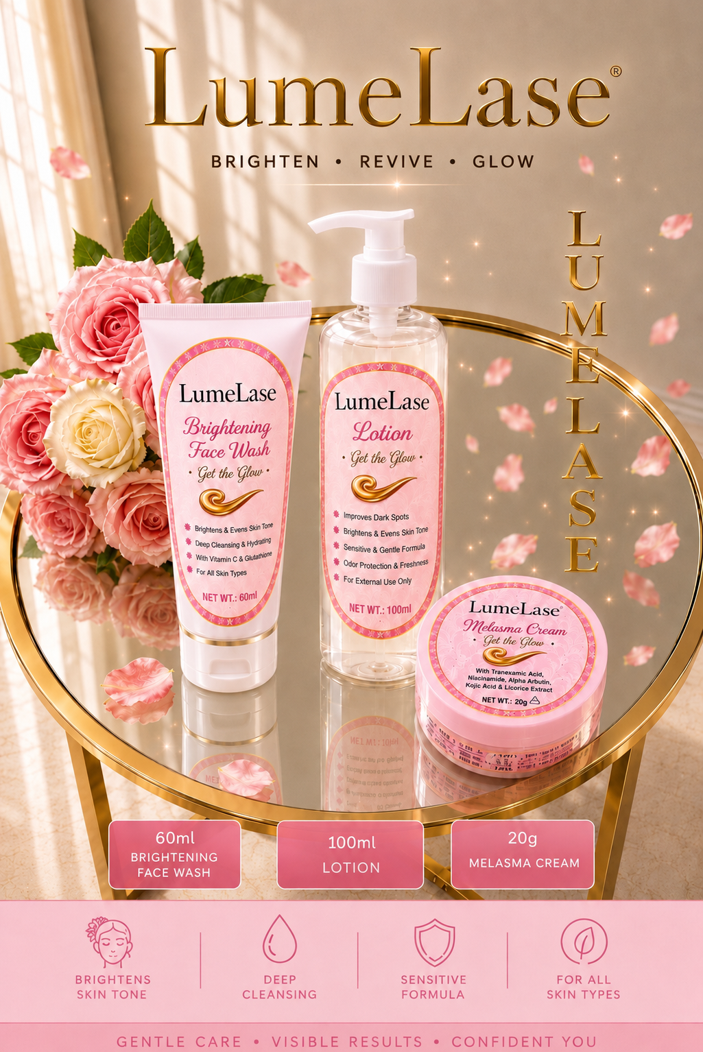 LumeLase Glow Trio with 60ml Brightening Face Wash, 100ml Intimate Parts Lotion and 20g Melasma Cream