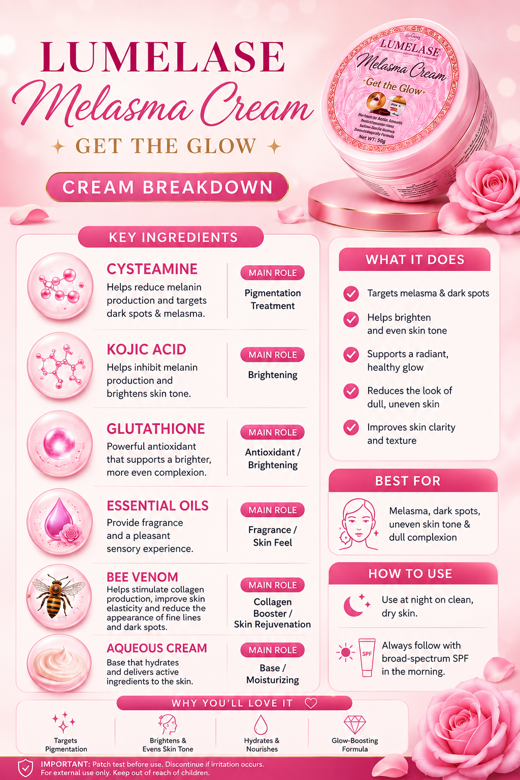 LumeLase Melasma Cream breakdown featuring Cysteamine, Bee Venom Serum and other key ingredients, benefits, directions and care guidance